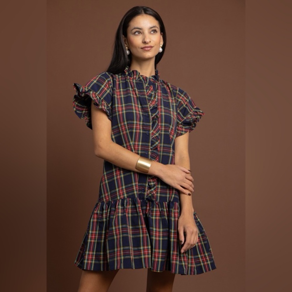 Tartan Plaid Ruffle Dress, Navy